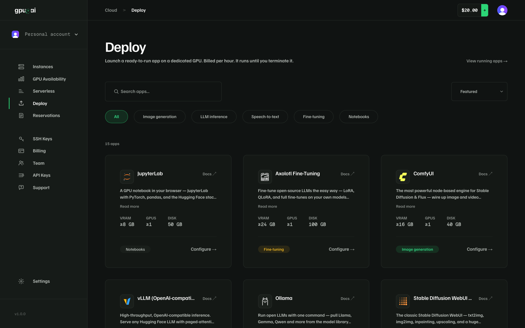 The gpu.ai one-click app catalog