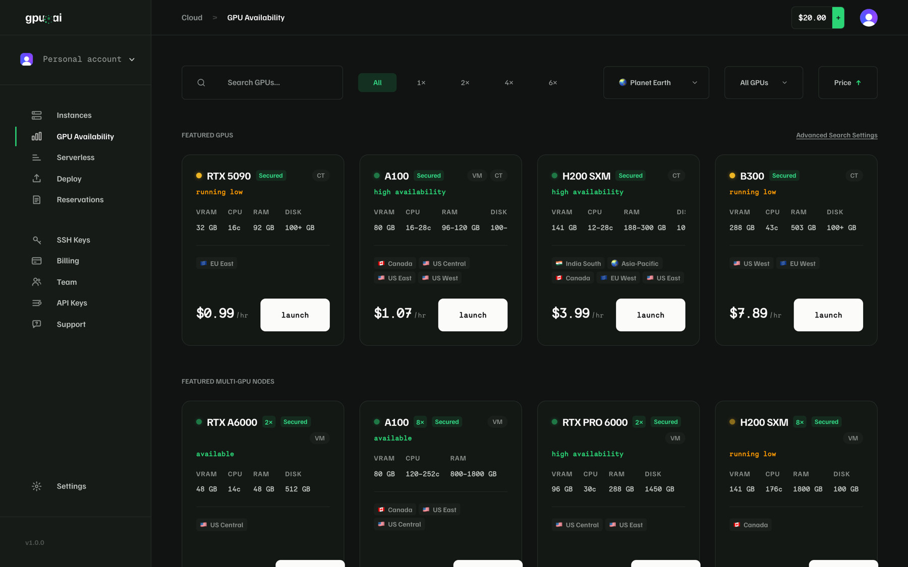 The gpu.ai console's GPU availability marketplace