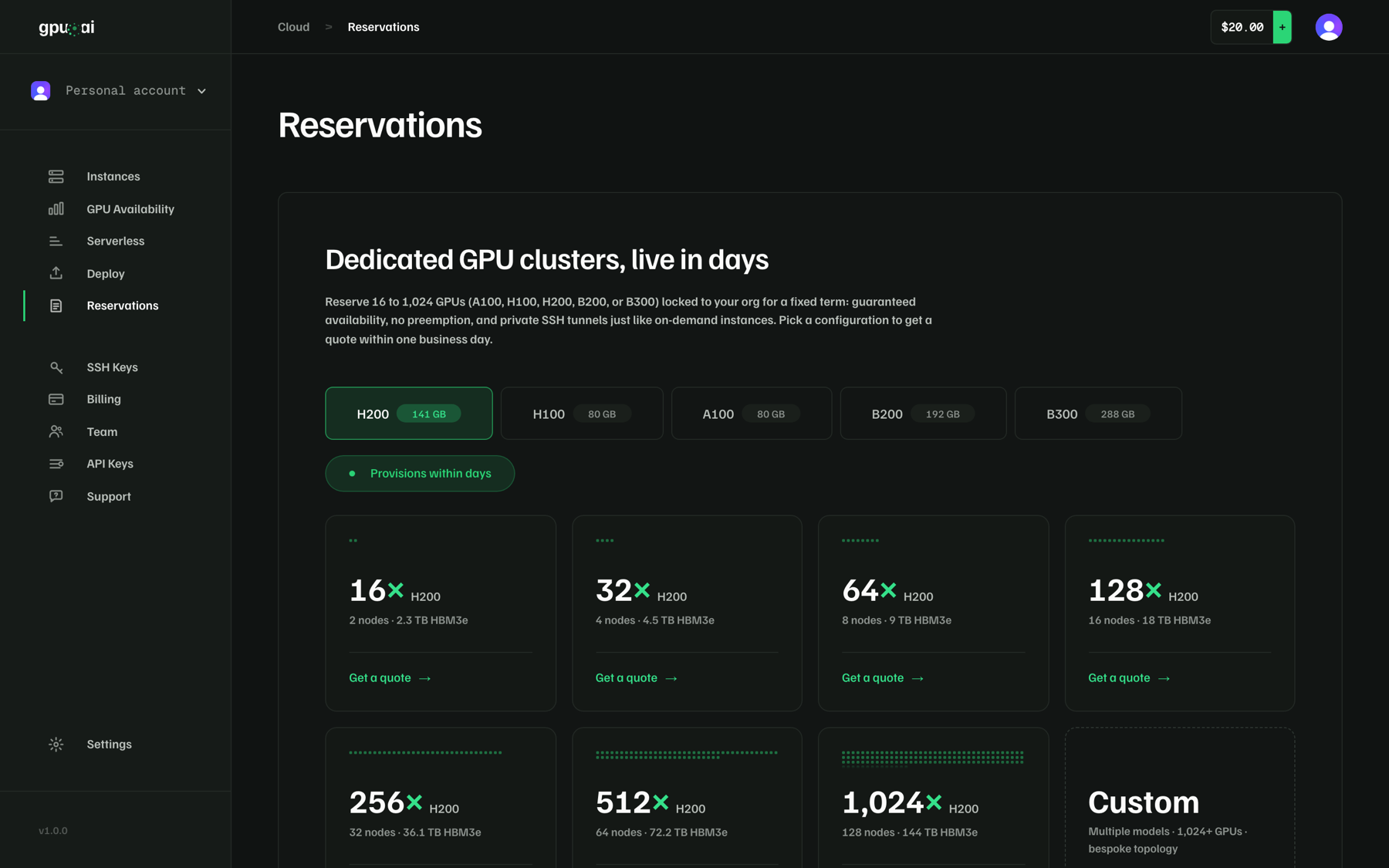 The gpu.ai reserved capacity picker